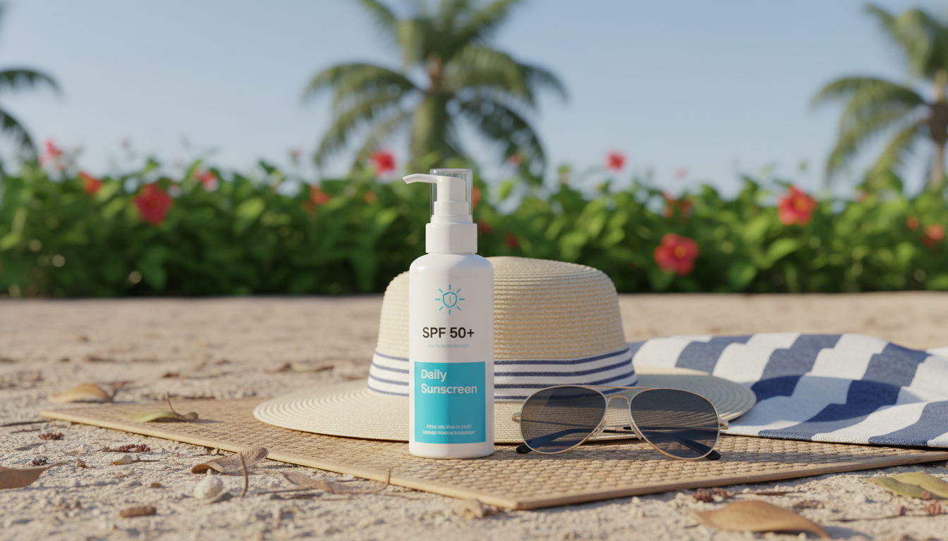 피부암 예방을 위한 자외선 차단제와 야외용 모자, 선글라스가 놓여있는 사진