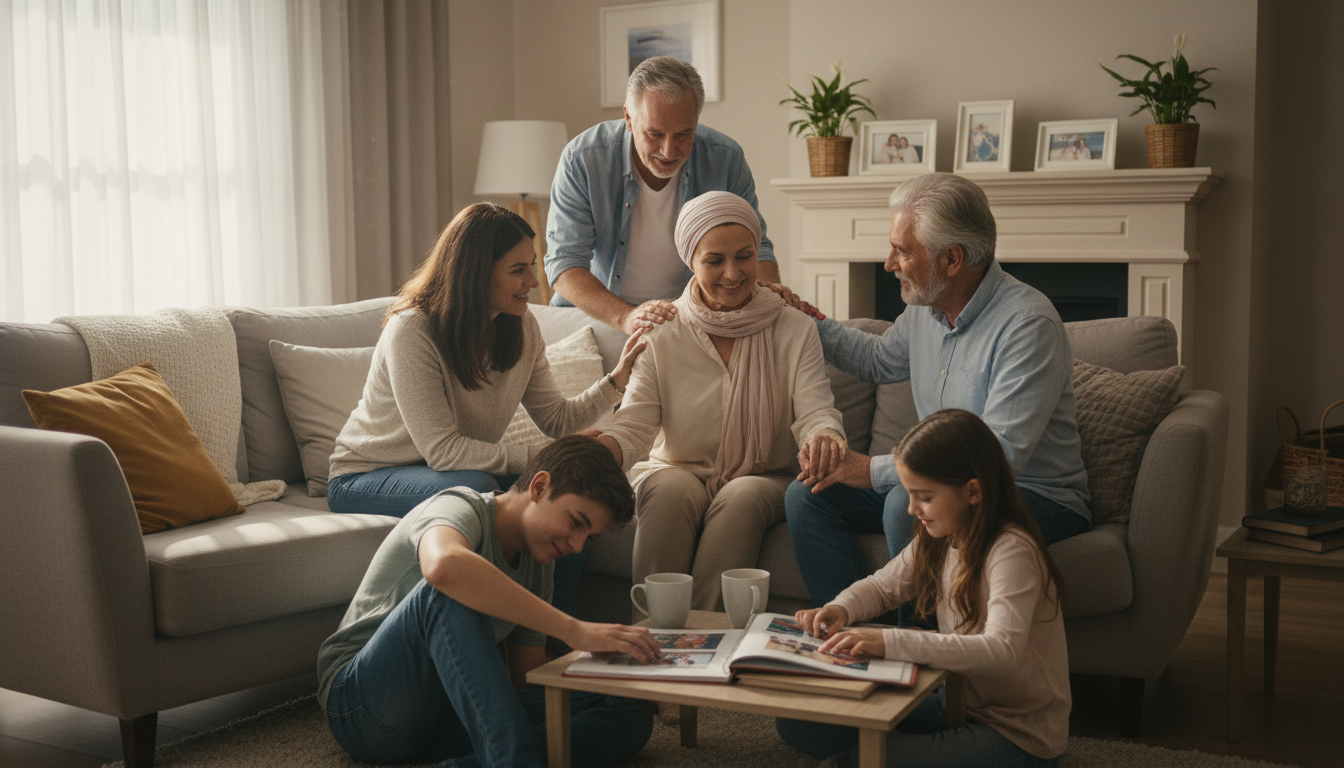 유방암 환자를 위한 가족의 따뜻한 지지 장면