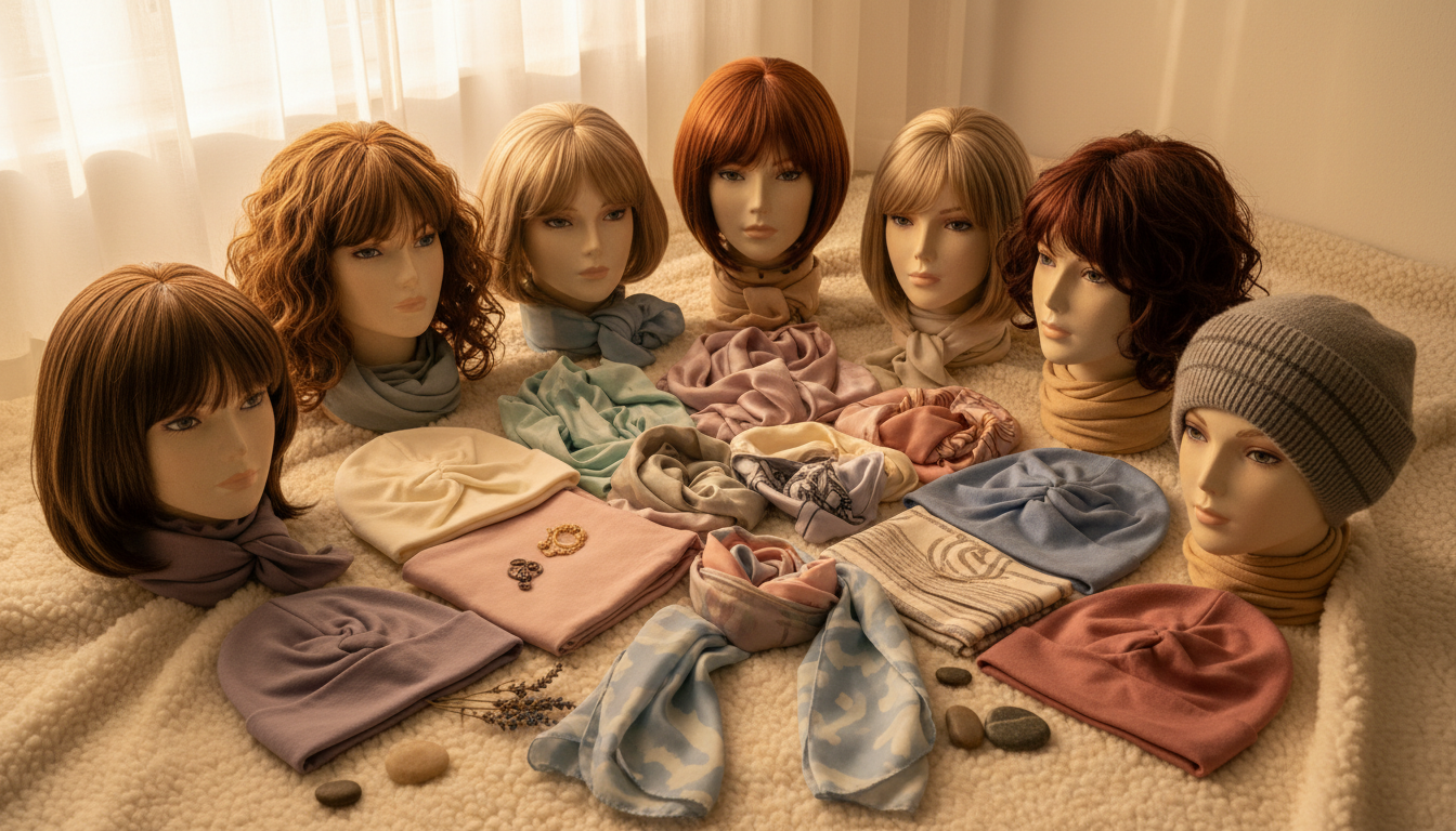 탈모 환자를 위한 가발과 두건, 모자 준비 모습