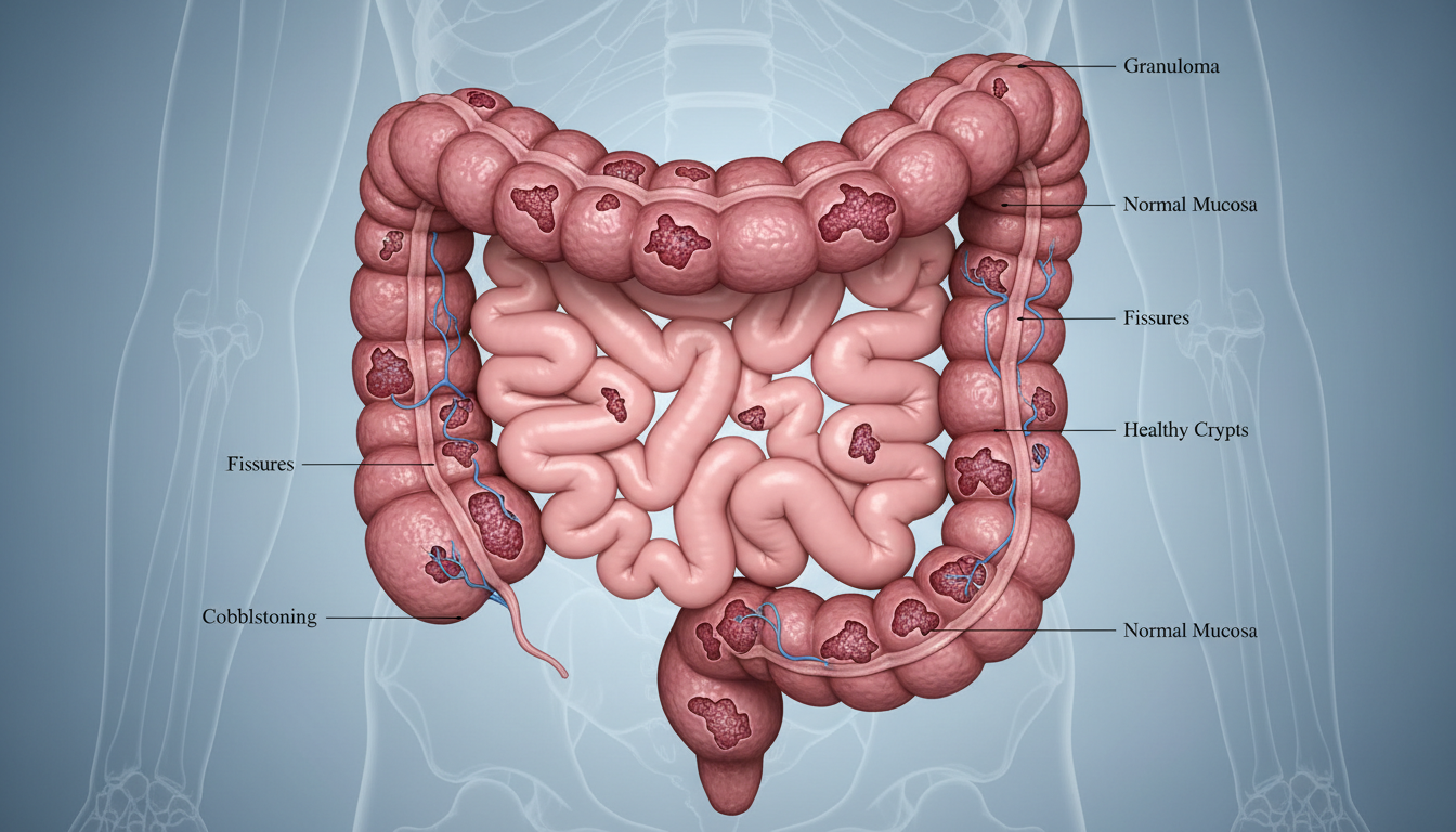 비연속적인 형태로 염증이 흩어져 있는 크론병의 특징을 보여주는 장의 의학적 일러스트