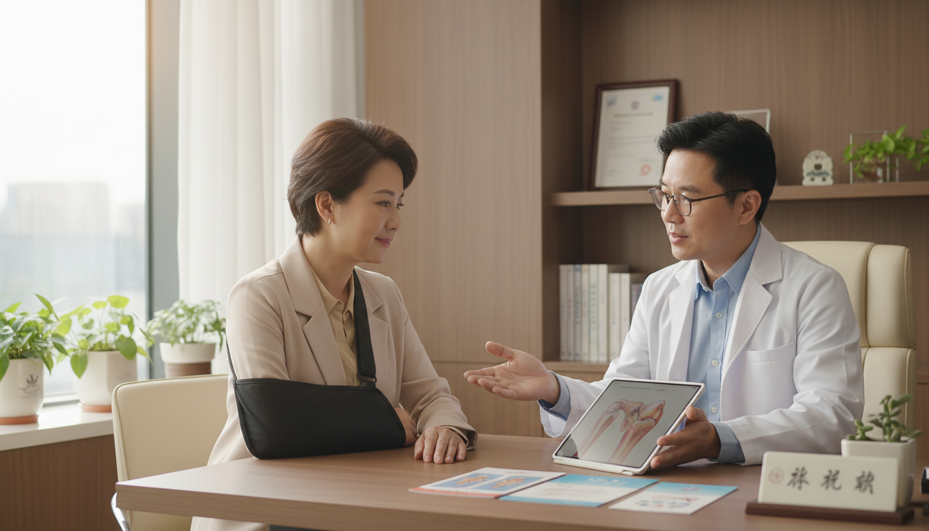 정형외과 진료실에서 어깨 통증 치료 상담을 받는 중장년 환자의 자연스러운 모습