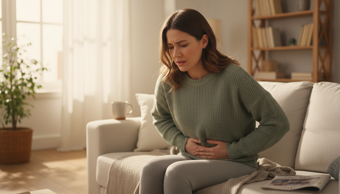 여성의 하복부 통증과 질 분비물 변화를 표현하는 모습