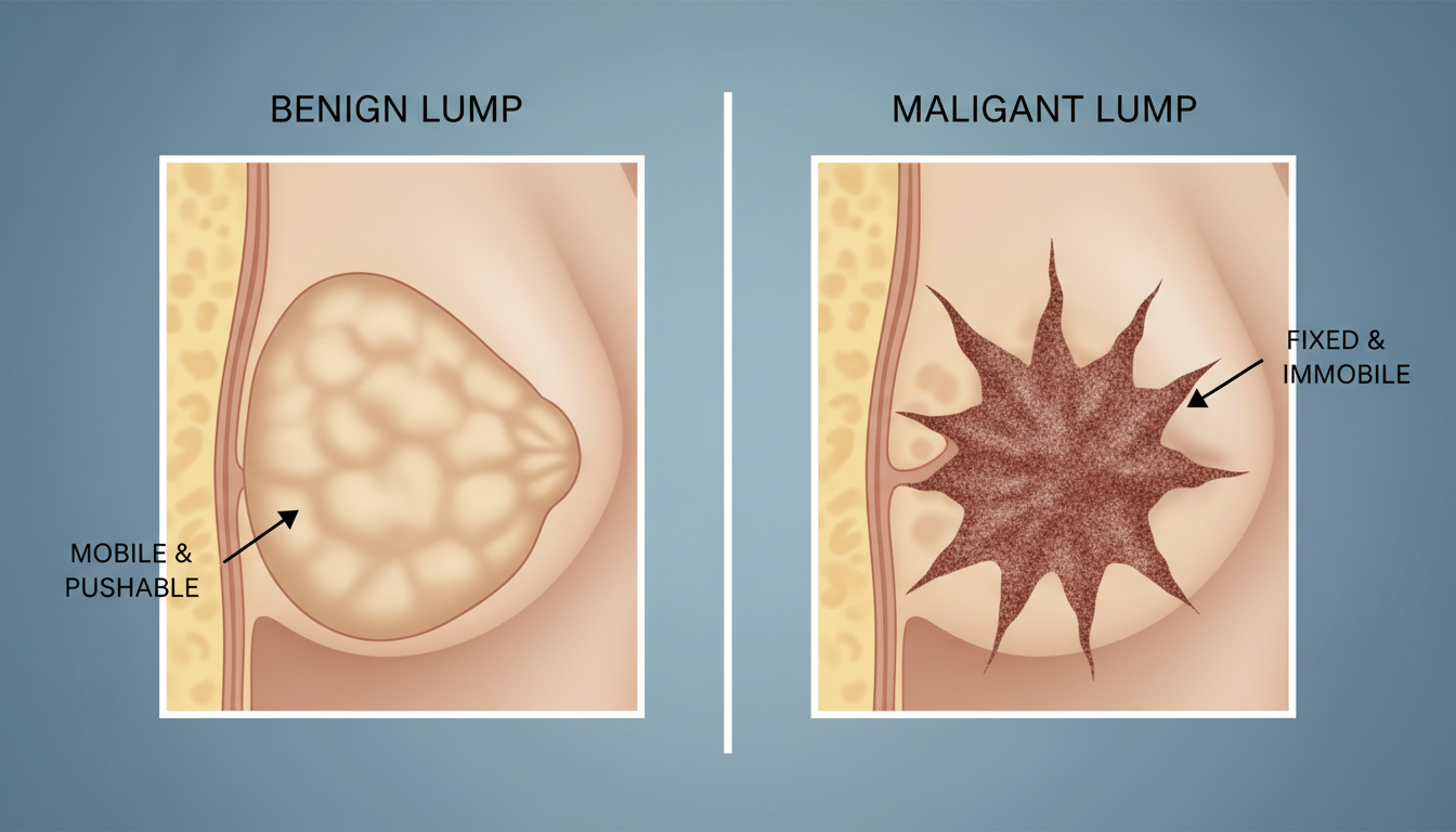 양성 멍울과 악성 멍울의 촉감과 모양 차이를 보여주는 비교 이미지