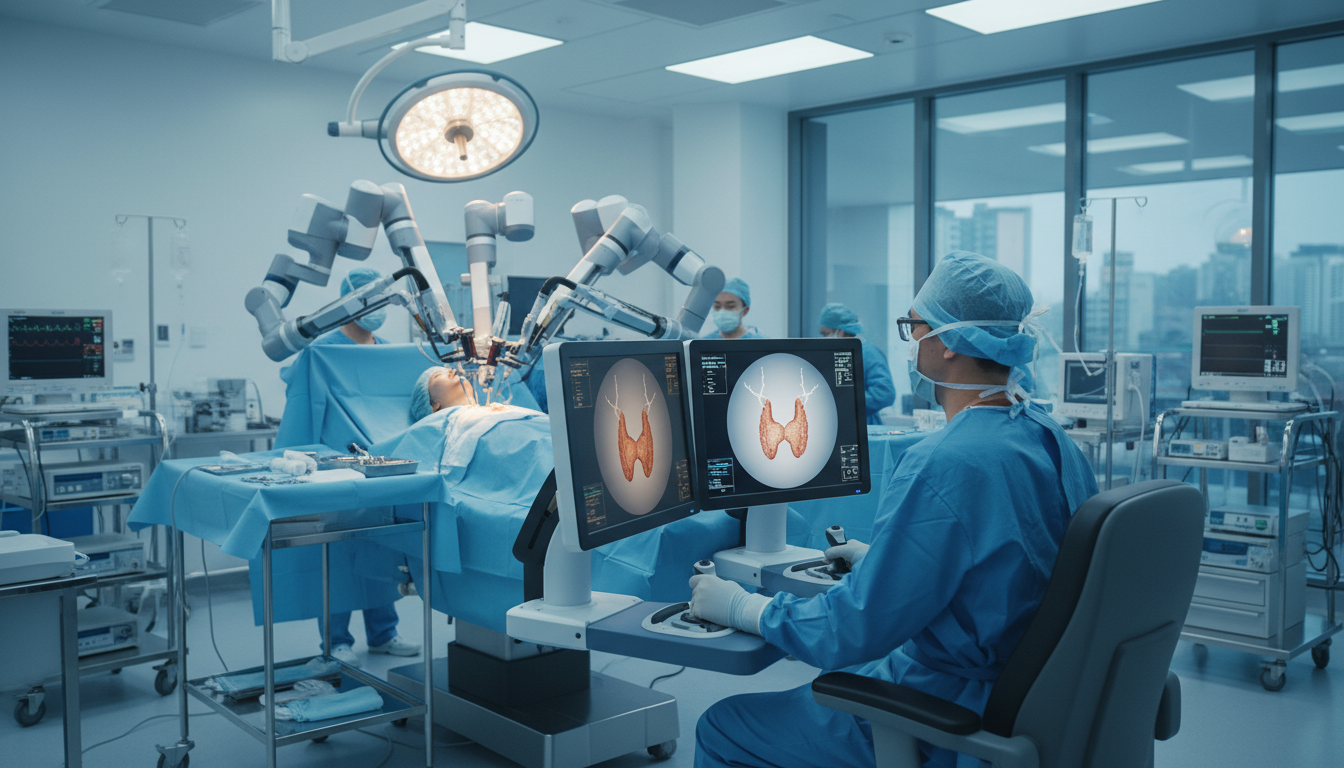 갑상선암 로봇 수술 장비와 콘솔을 조종하는 의사의 모습