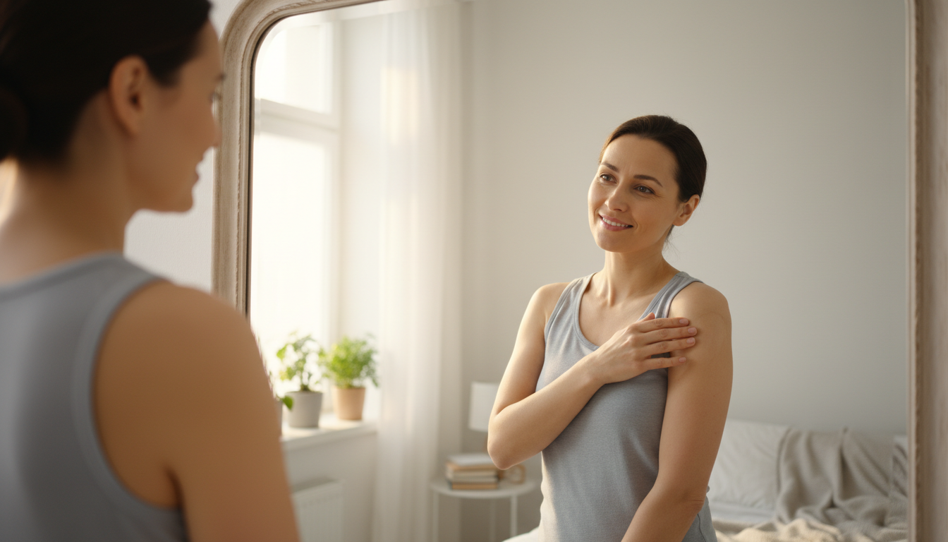 완치 후 거울 앞에서 자신의 피부를 확인하는 희망적인 모습