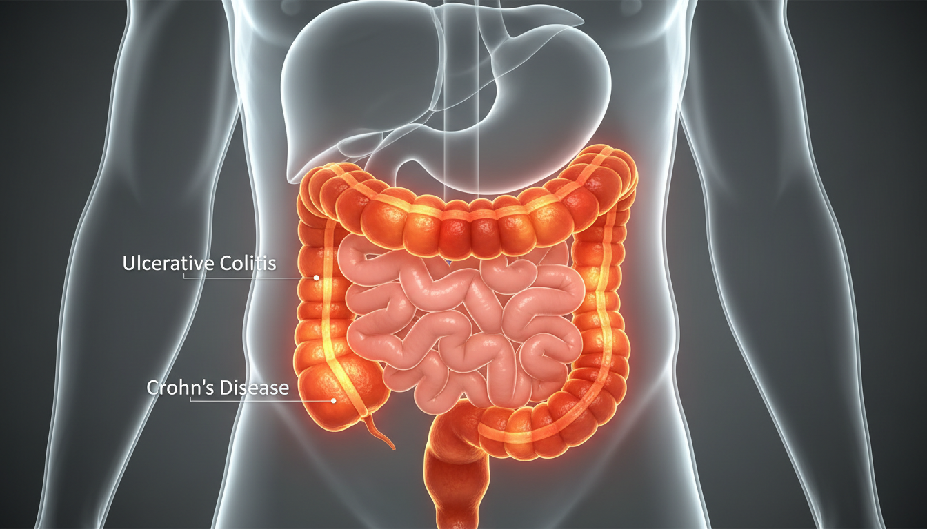 염증성 장질환이 대장에 미치는 영향을 보여주는 인체 소화기관의 대장 부분 실사 스타일 이미지