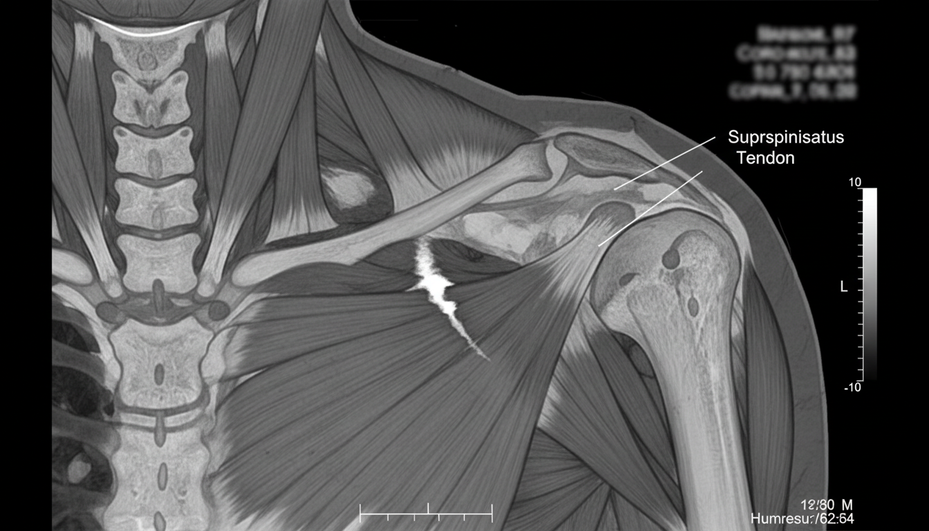 회전근개 파열을 명확히 보여주는 어깨 MRI 이미지