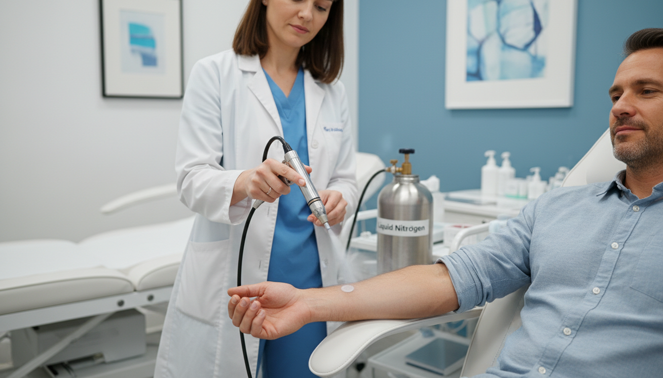 액체 질소를 이용한 피부암 냉동치료 시술 장면