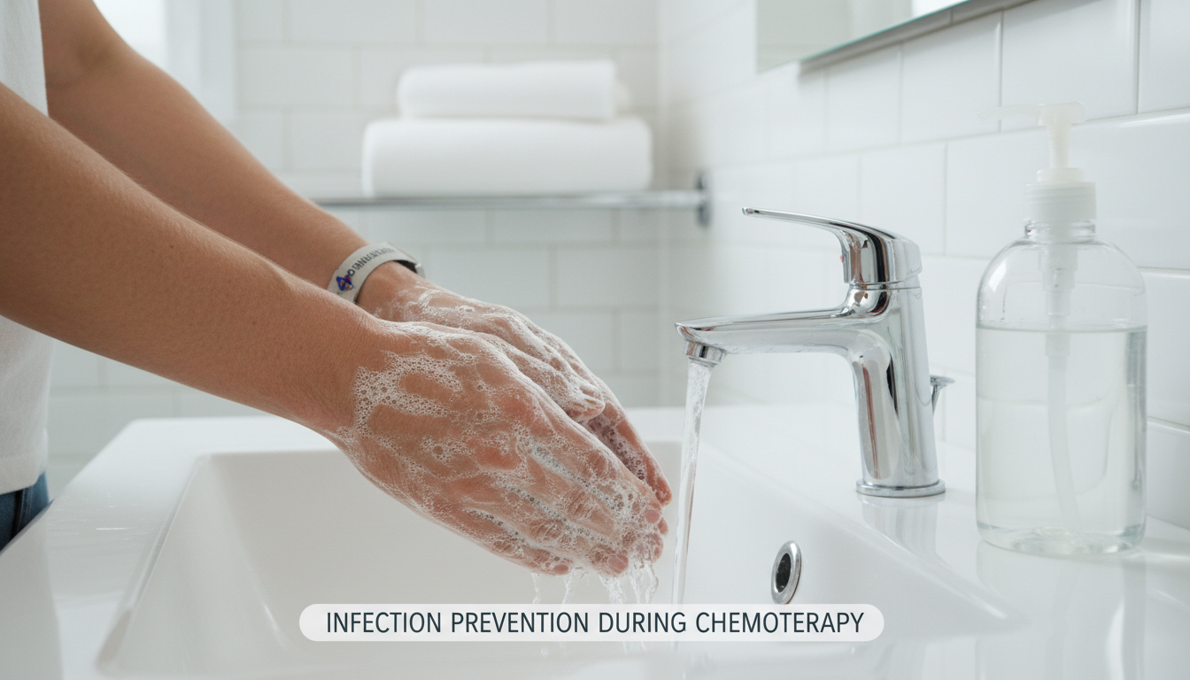 항암치료 중 감염 예방을 위한 손 씻기 장면