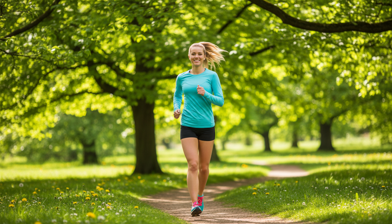 햇빛 아래 푸른 공원에서 조깅하는 젊은 여성의 자연스러운 모습