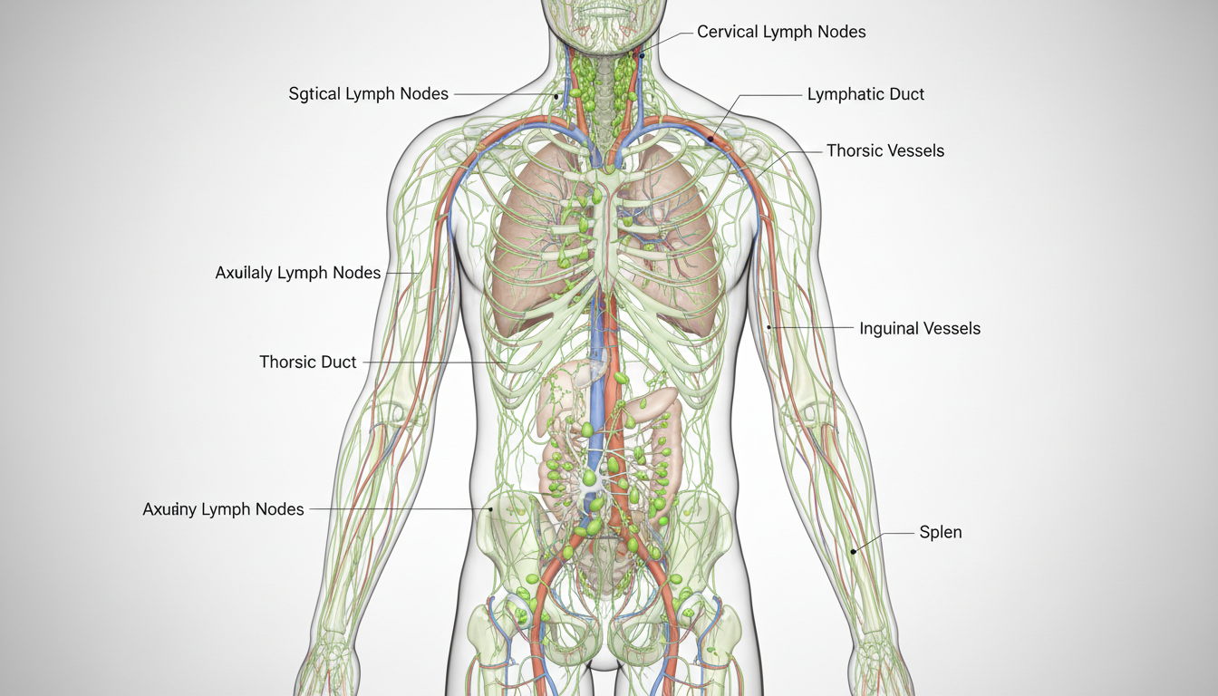 인체 림프계와 목, 겨드랑이, 사타구니 림프절을 강조한 의료 일러스트