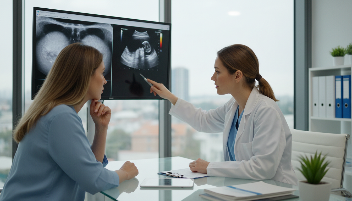 여성이 병원에서 유방 전문의와 유방 진단 결과를 상담하는 모습