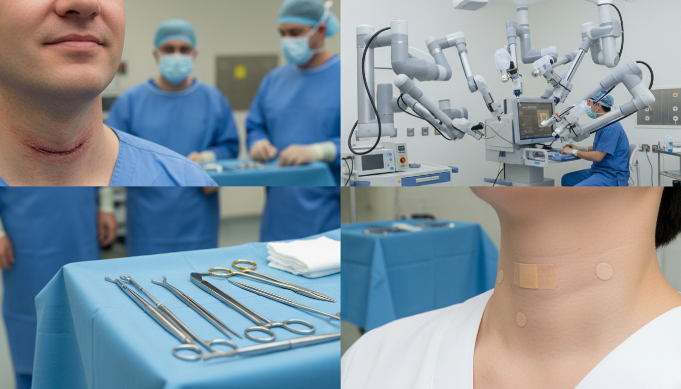 전통적 절개 수술과 로봇 수술의 흉터 및 수술 접근 방식 비교 이미지