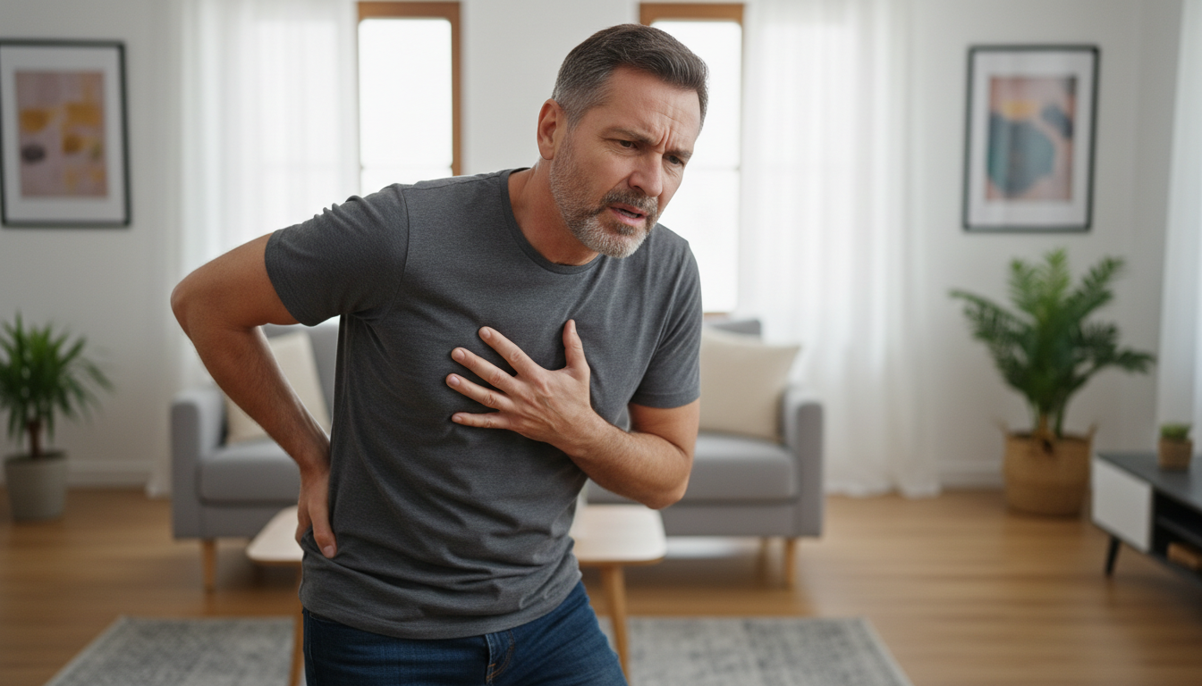 중년 남성이 약한 통증을 느끼며 가슴과 허리를 잡고 있는 모습