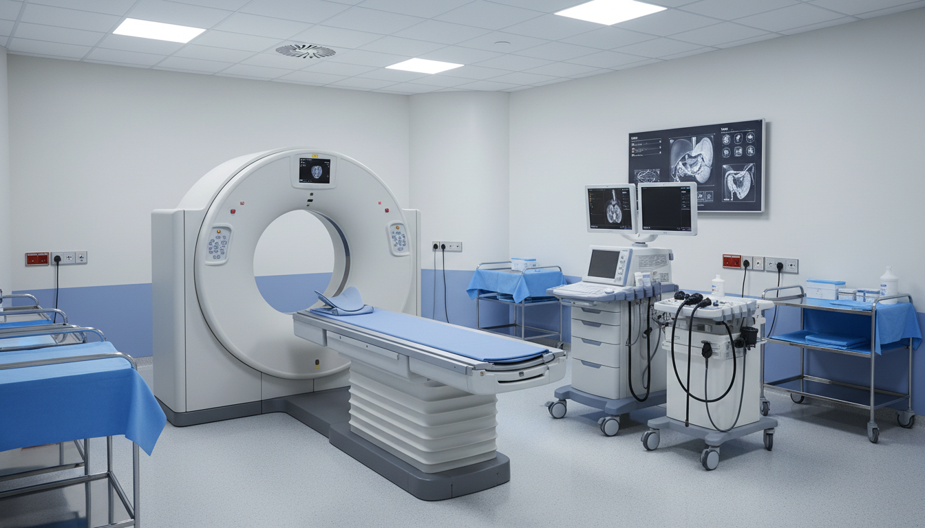 췌장암 조기 발견을 위한 CT 스캔 및 내시경 초음파 기기가 설치된 병원 검사실 모습