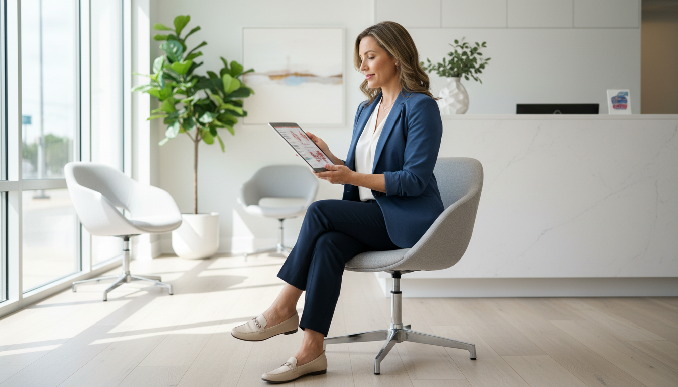 현대적인 클리닉 접수처에서 디지털 태블릿으로 의료 정보를 읽는 자신감 있는 여성