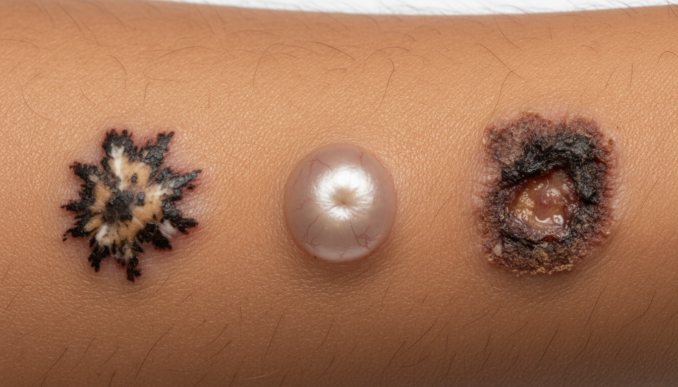흑색종, 기저세포암, 편평세포암 세 가지 피부암 종류의 특징을 나타내는 피부 병변 클로즈업 사진