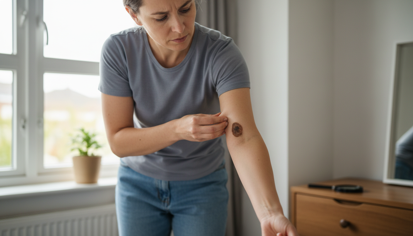 새로 생긴 점을 주의 깊게 관찰하는 성인 모습