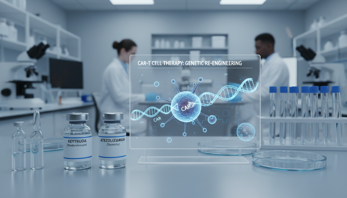 면역관문억제제 키트루다와 티쎈트릭 약병과 CAR-T 치료의 유전자 조작 과정을 보여주는 대장암 면역치료 실사 이미지