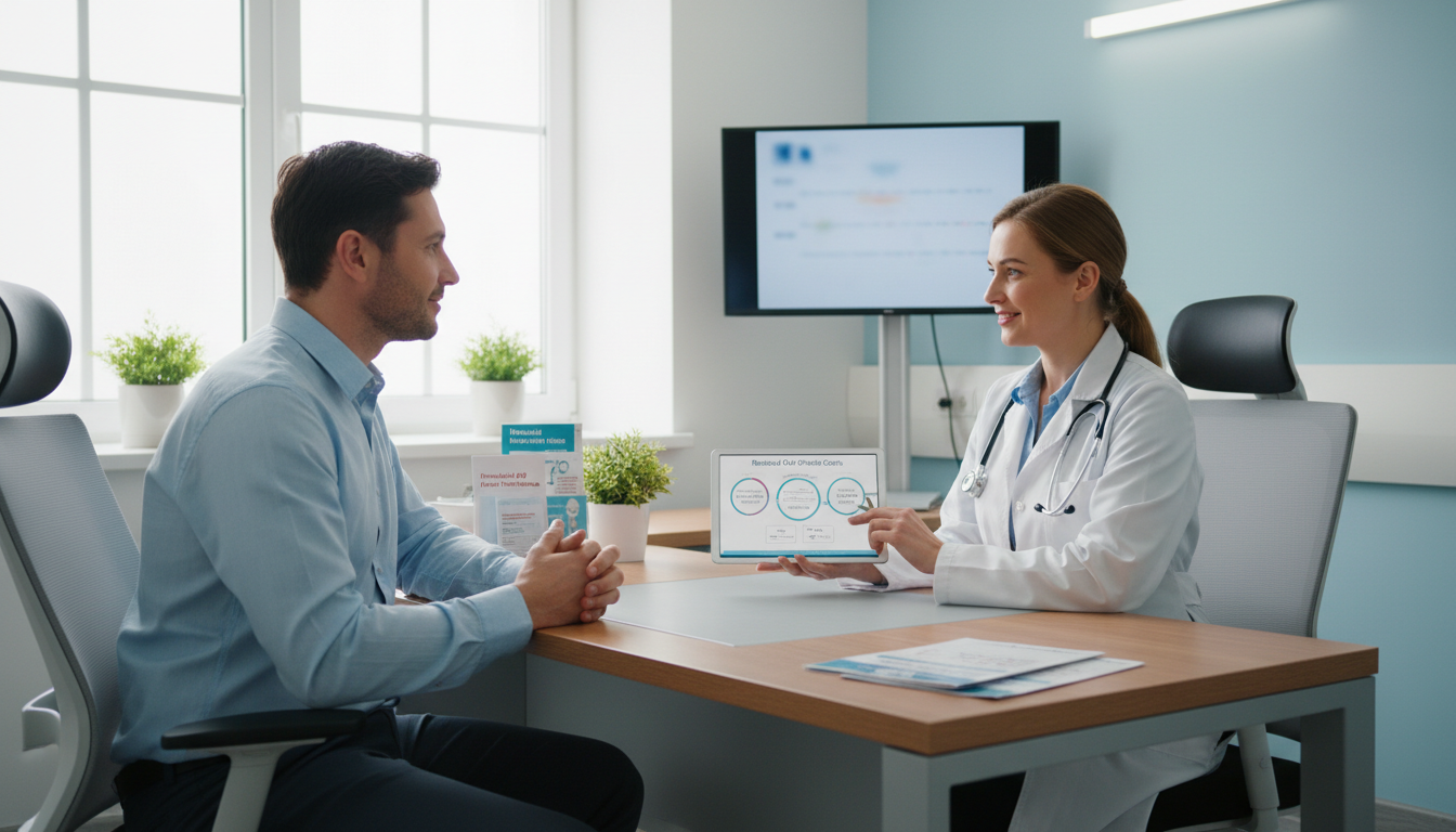 의사가 보험 적용과 환자 지원 프로그램을 설명하며 환자의 경제적 부담 경감을 돕는 병원 상담실 모습
