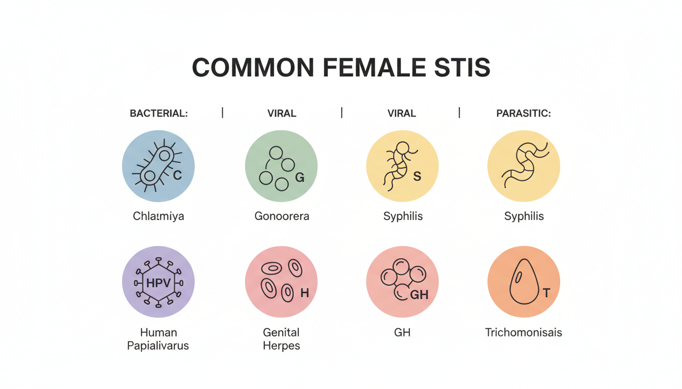 여성에게 흔한 성병 6종(클라미디아, 임질, 매독, HPV, 헤르페스, 트리코모나스)을 나타내는 인포그래픽 아이콘