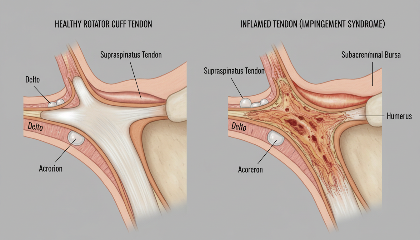 정상 회전근개와 어깨 충돌 증후군으로 염증이 생긴 힘줄을 비교한 이미지