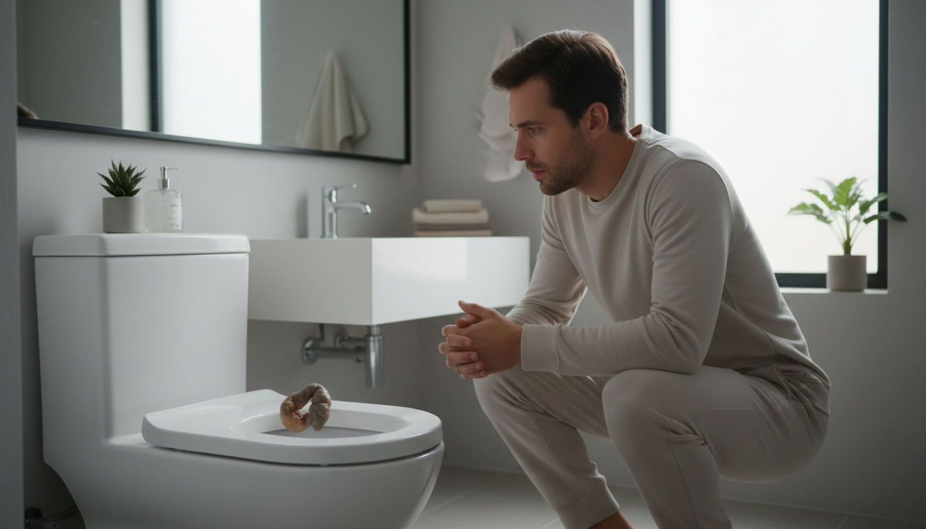 화장실에서 배변 습관 변화를 관찰하는 사람의 모습