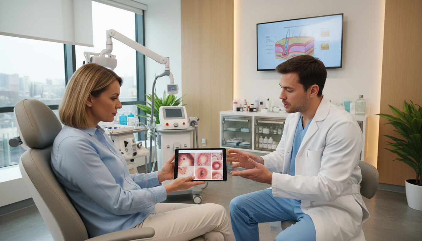피부과 전문의에게 피부 점 변화 사진을 보여주며 상담하는 환자 모습
