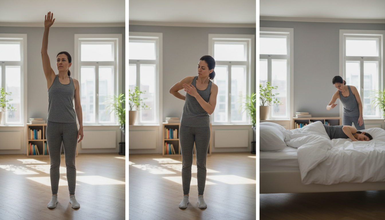 자가 진단을 위해 집에서 어깨 동작을 수행하는 모습을 보여주는 자연스러운 실사 사진