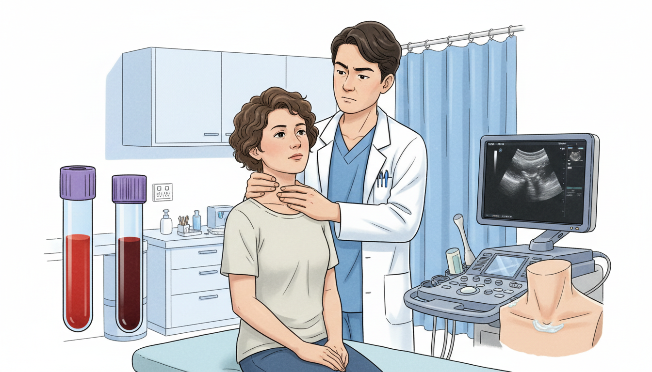 의사가 환자의 목을 촉진하고 혈액검사와 초음파 검사 장비가 함께 있는 병원 진단 장면