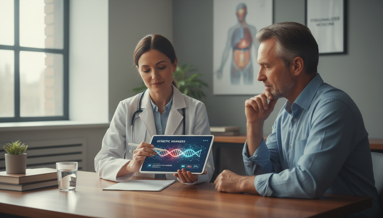 유전자 검사 결과를 바탕으로 환자 맞춤형 대장암 치료를 상담하는 의료진과 환자 모습