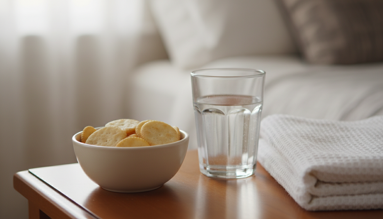 항암치료 중 구역질 완화를 위해 마른 음식과 물을 준비한 장면