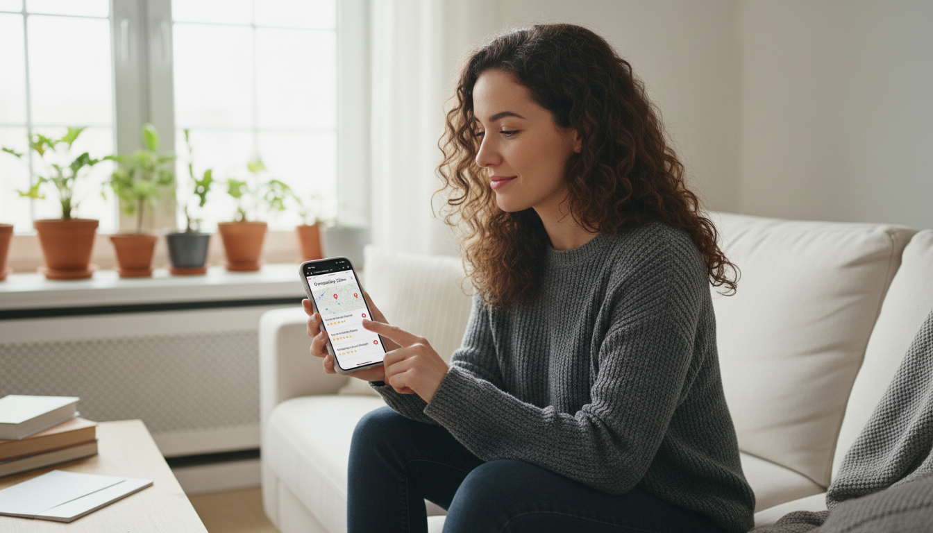 집에서 스마트폰으로 근처 산부인과 클리닉 정보를 자신감 있게 확인하는 여성의 모습