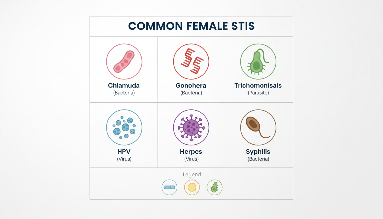 여성에게 흔한 6가지 성병을 박테리아, 바이러스, 기생충 아이콘과 함께 정리한 의료 인포그래픽