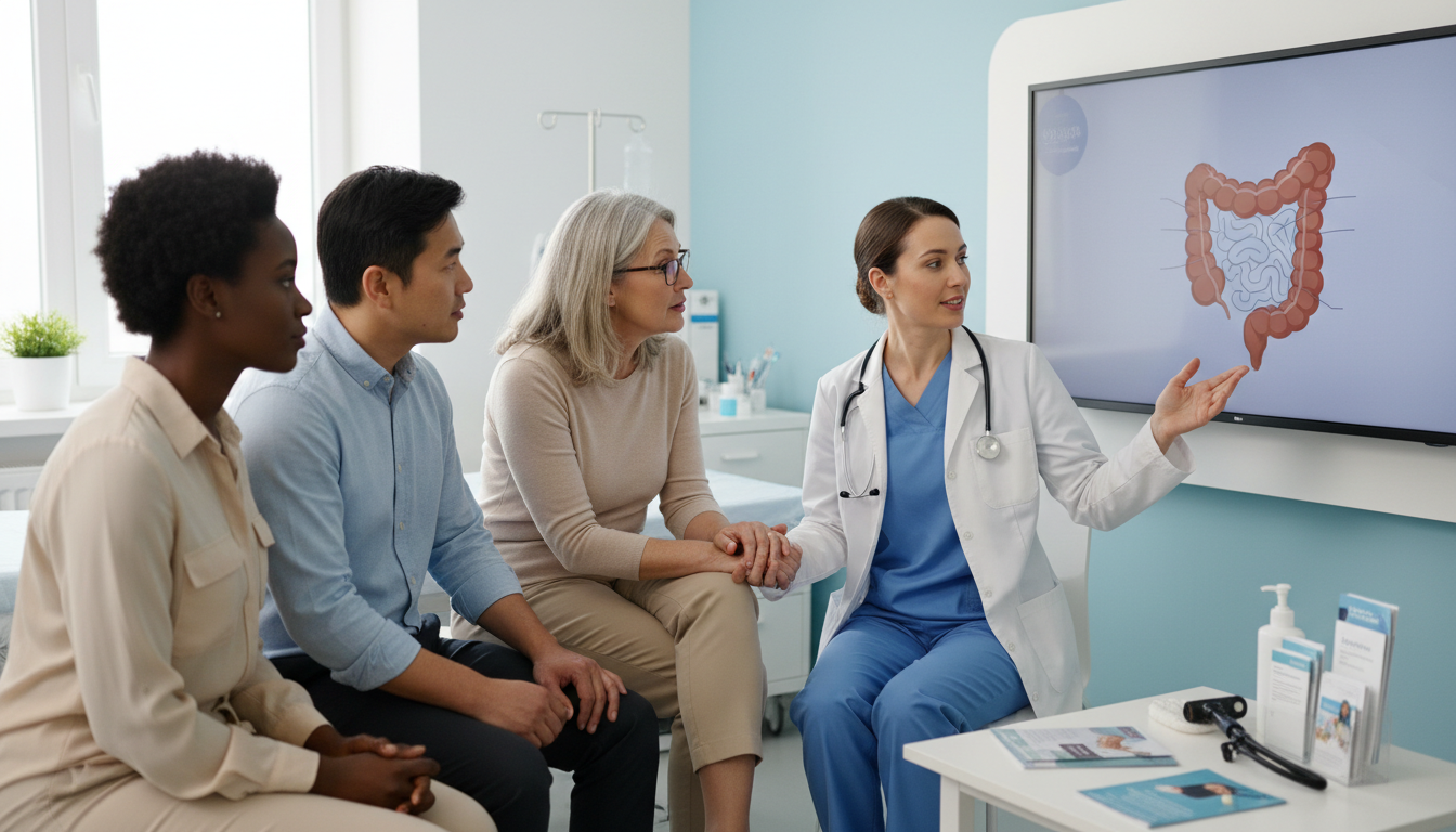 대장 내시경 검진에 대해 의사와 상담하는 다양한 연령대 환자들의 현실적인 이미지