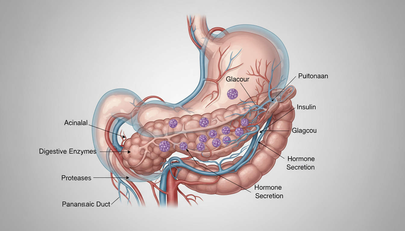 위 뒤와 십이지장 옆에 위치한 췌장의 해부학적 구조와 기능을 보여주는 이미지