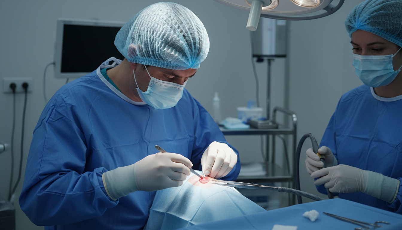 피부암 수술 절차를 수행하는 피부과 전문의의 정밀한 수술 장면