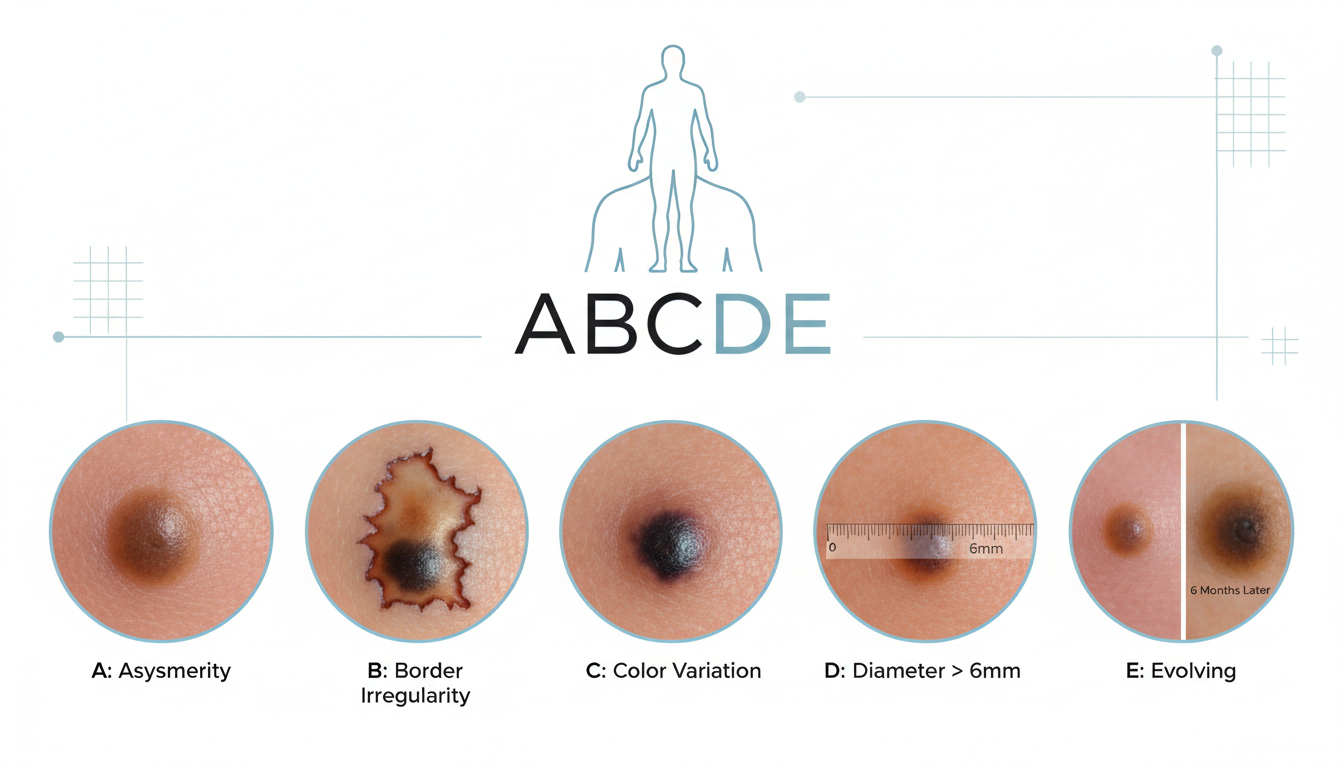 피부암 자가 진단 ABCDE 규칙을 설명하는 각 항목별 피부 점 클로즈업