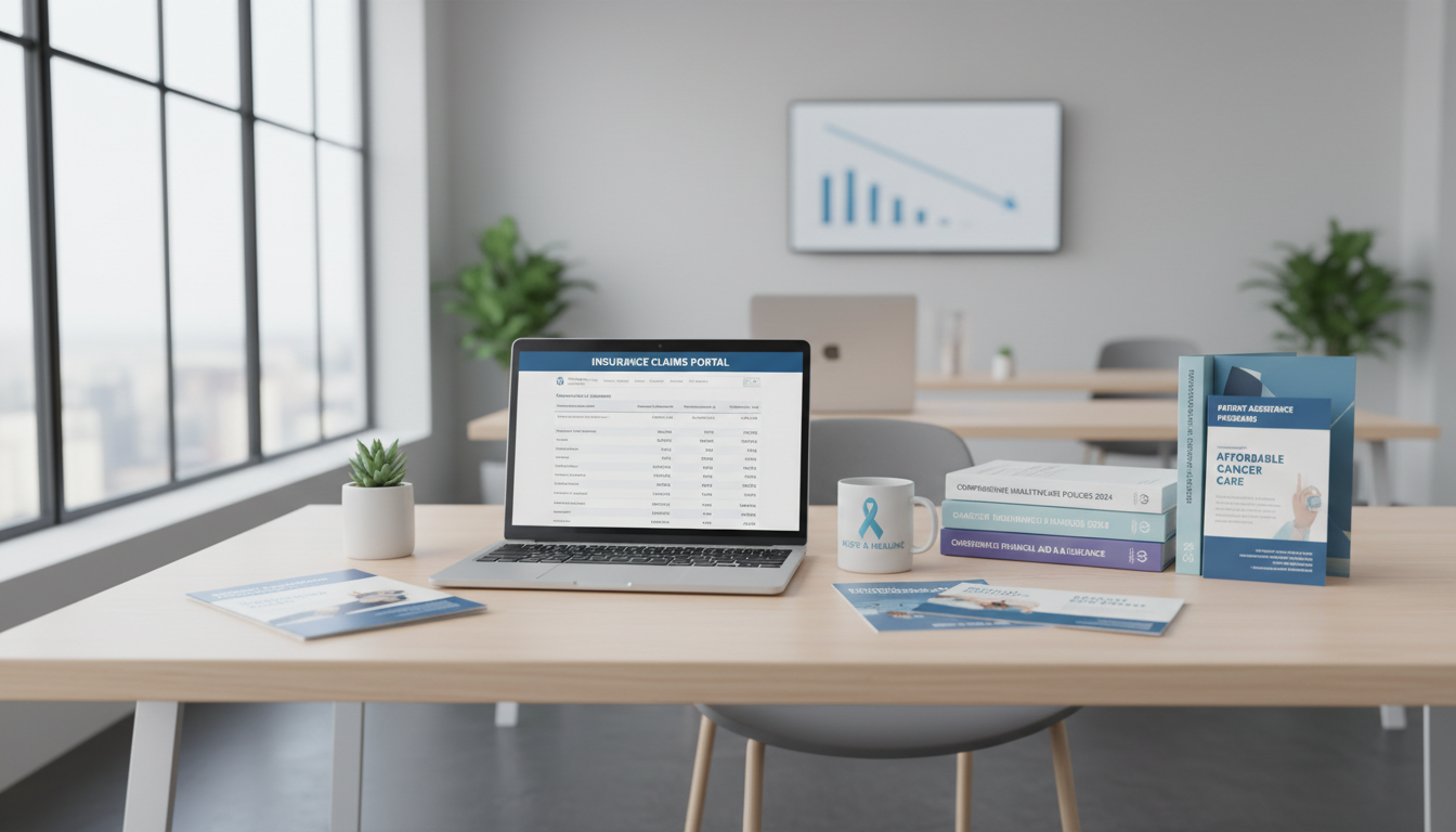 대장암 환자의 치료 접근성 강화를 위한 정책적 노력과 환자 지원 프로그램 관련 서류와 보험 청구 페이지가 보이는 현대적 사무실 모습