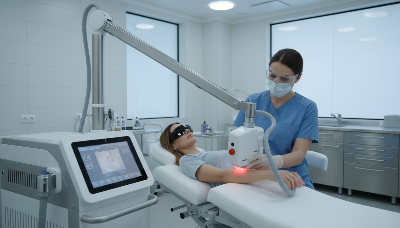 청결한 임상 환경에서 사용 중인 현대적인 레이저 치료 장비의 고화질 의료 이미지