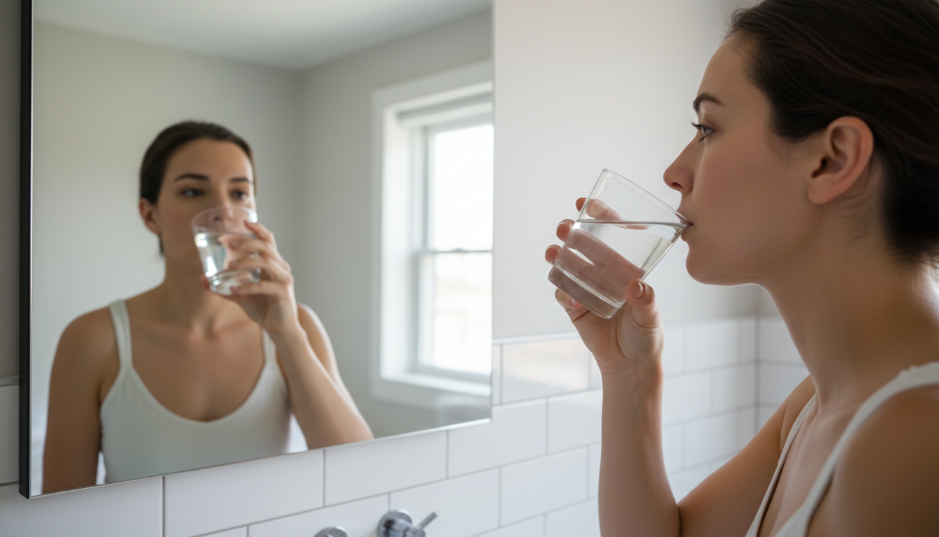 거울 앞에서 물을 들고 갑상선 자가진단을 하는 사람의 모습