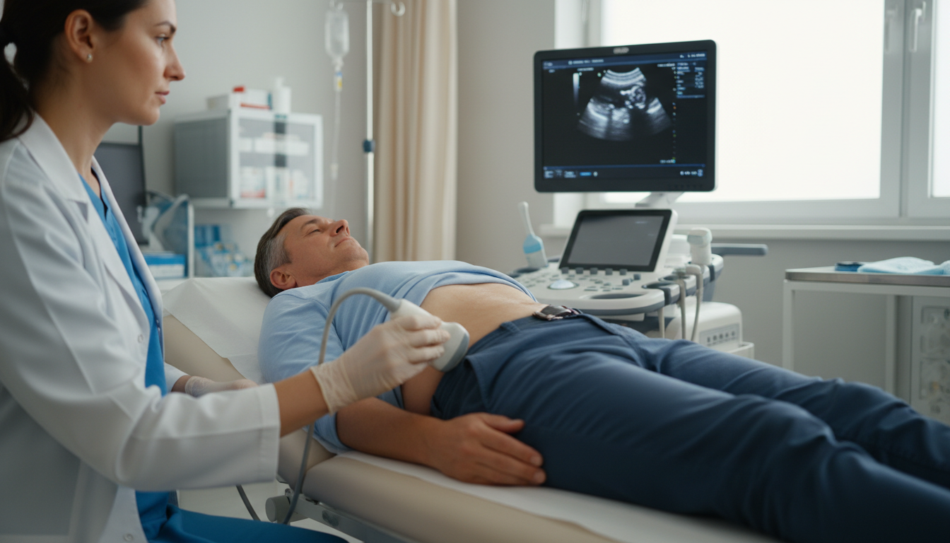 의료진이 복부 초음파 검사를 시행하는 모습