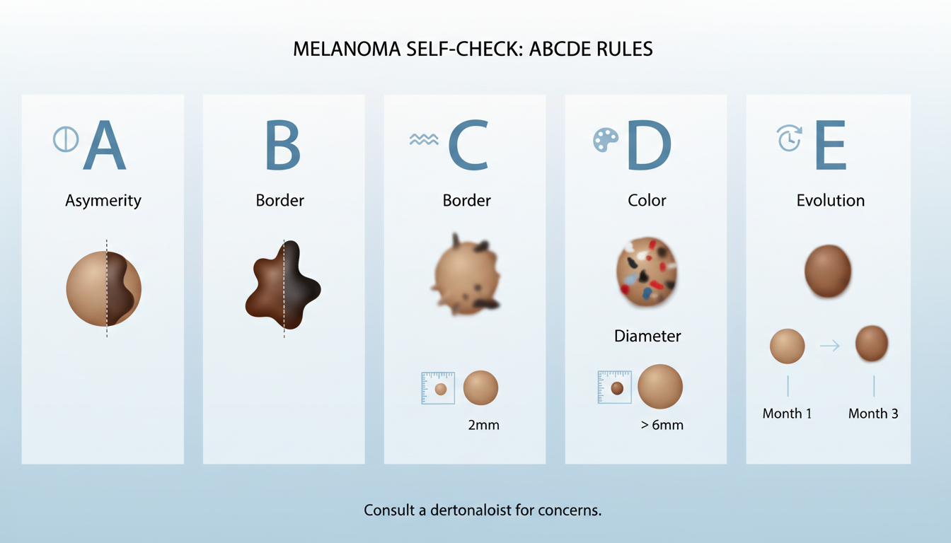 ABCDE 흑색종 자가진단법을 설명하는 사실적인 점 일러스트가 포함된 인포그래픽 이미지