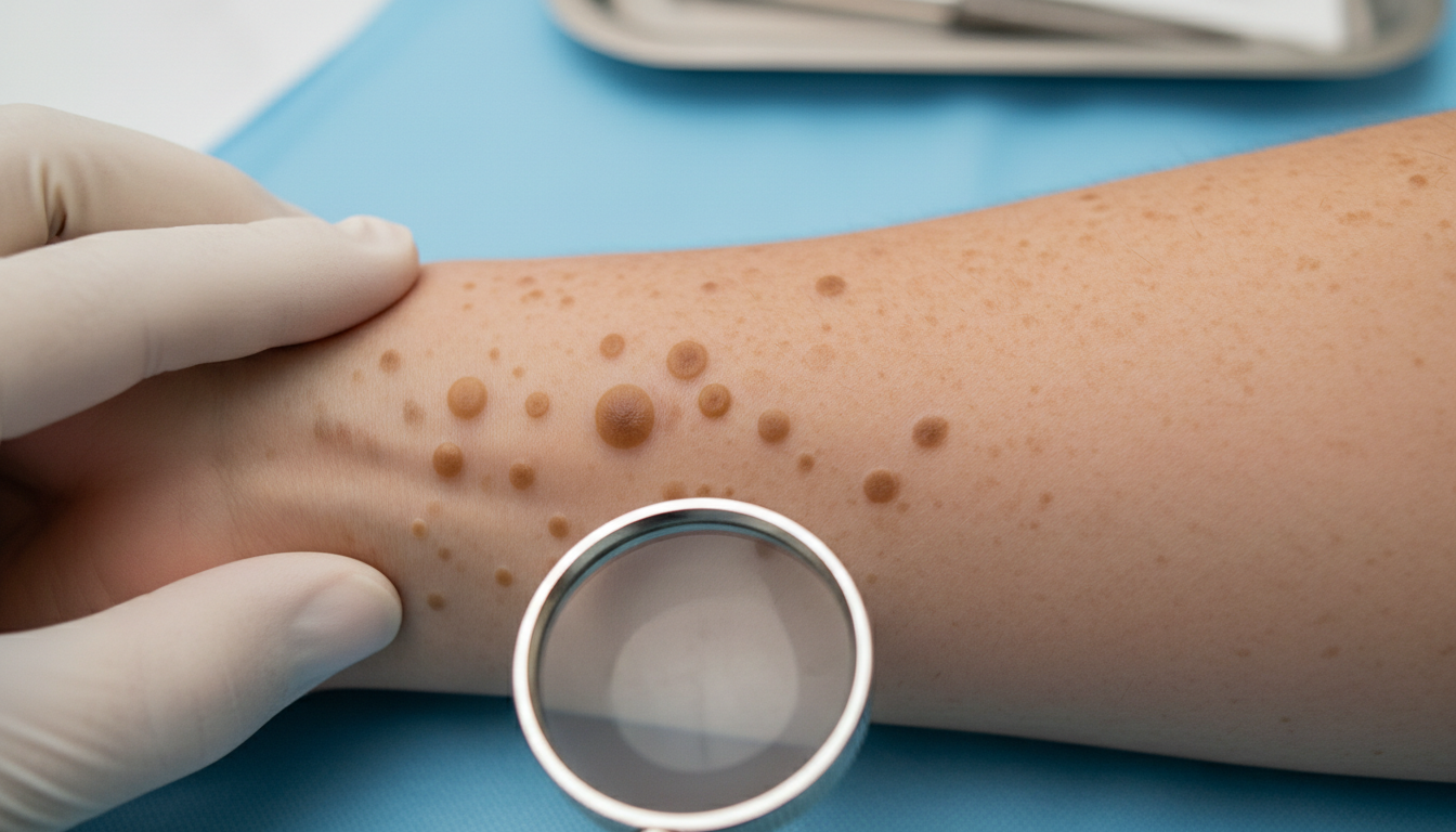 사람 피부에 있는 여러 점과 주근깨의 고화질 클로즈업 사진, 일부 점은 정상적인 모습