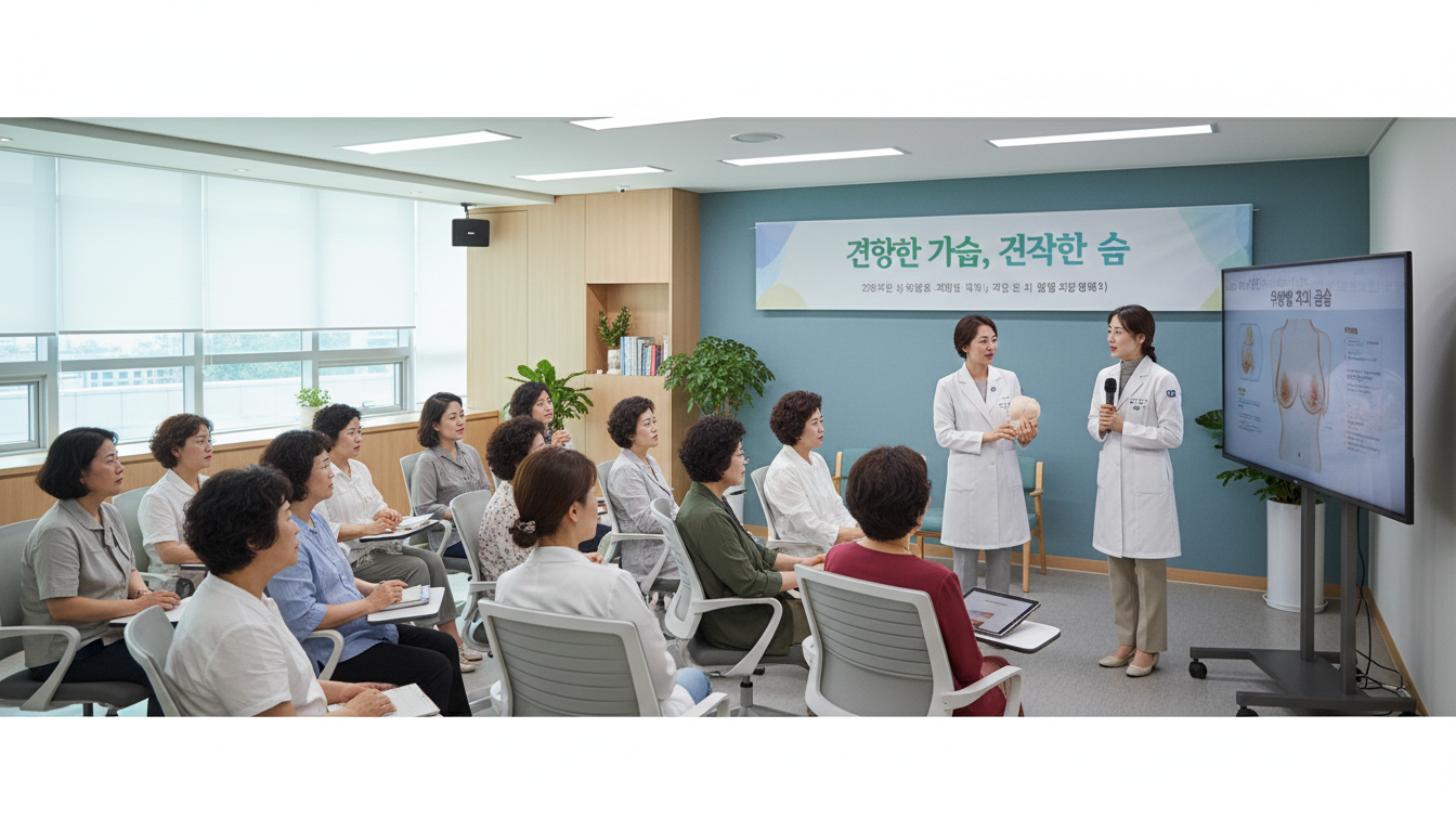 한국 여성들이 병원에서 유방암 초기 증상에 관한 교육을 받는 모습
