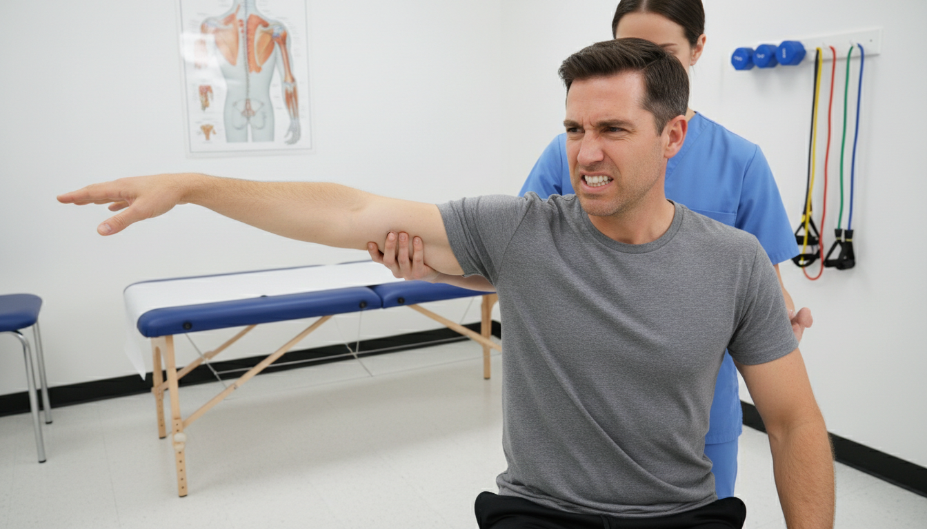 팔을 옆으로 90도에서 120도까지 들어올리며 아파하는 사람의 모습