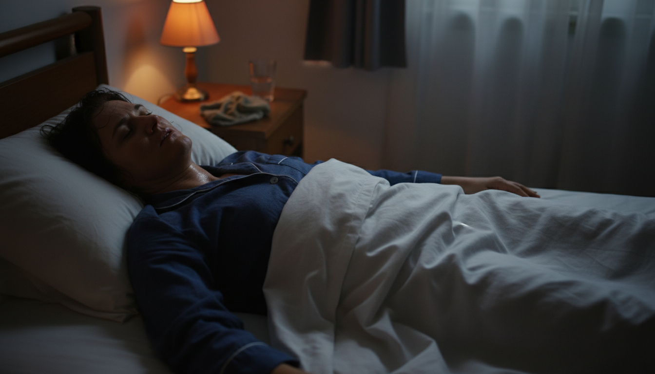 야간에 땀을 많이 흘려 잠옷과 침구가 젖은 모습을 표현한 이미지