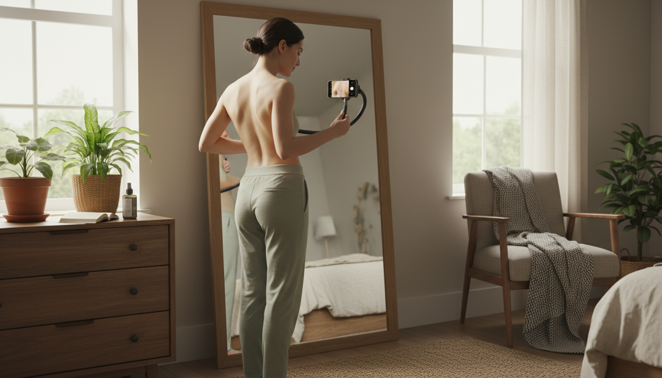 전신 거울 앞에서 스마트폰을 이용해 피부 자가 검진하는 모습의 개념적 이미지