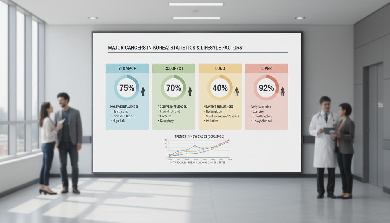 한국의 5대 암에 관한 통계와 생존율, 생활습관 영향이 포함된 병원 교육 장면과 차트