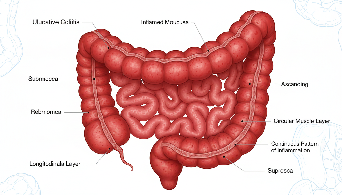 궤양성 대장염의 연속적인 염증 부위를 보여주는 대장의 상세한 의학적 일러스트